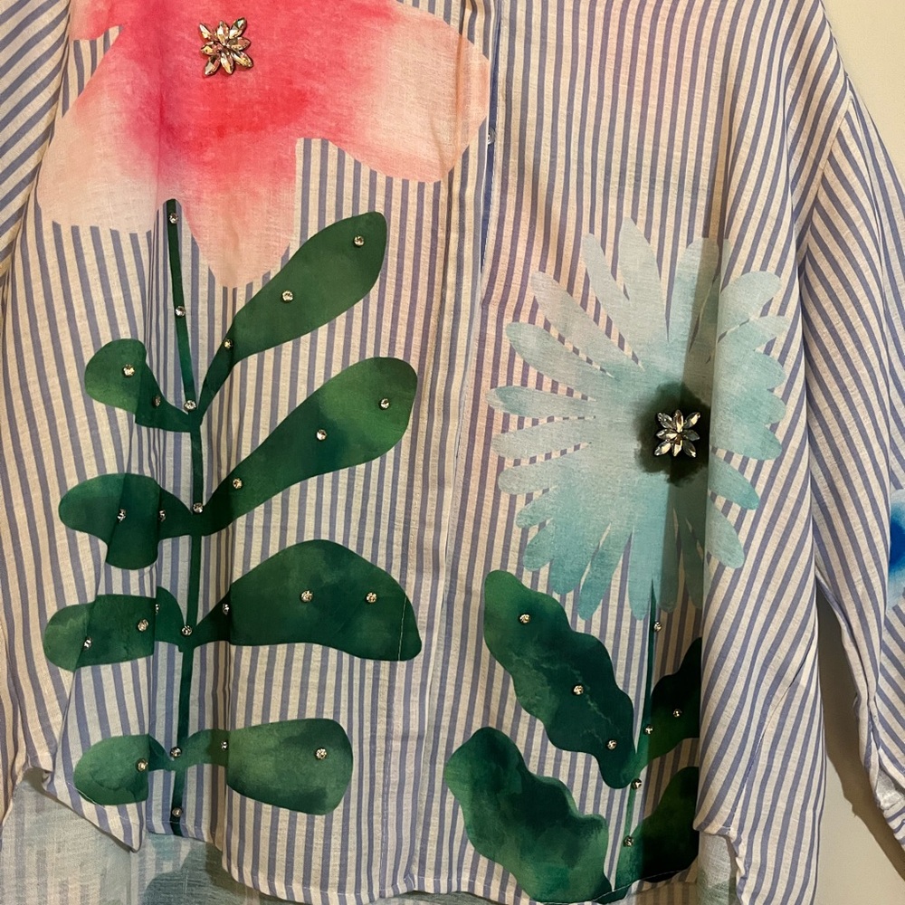 Yolly Striped Floral Button-Up Blouse - Pink & Blue - Picture 6 of 14